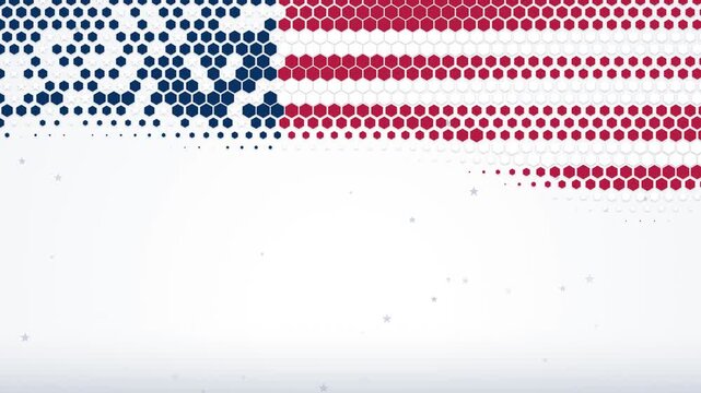 American Flag Hexagonal Grid Motion Background. Abstract patriotic red, white, and blue digital pattern loop animation for national holidays and corporate video projects.
