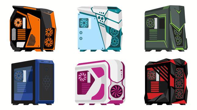 Modern gaming computer tower cases with colorful designs