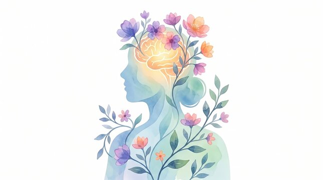 Watercolor Mental Health and Brain Wellness Illustration with Floral Mind Healing and Psychological Wellbeing