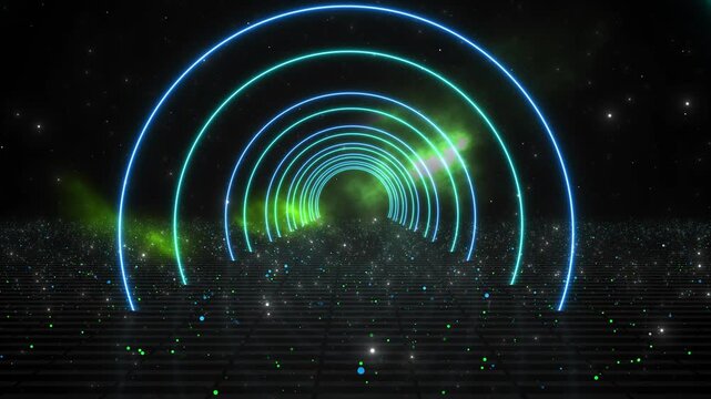 Neon arc tunnel background blue and green glowing rings, starry space, futuristic grid floor. sci fi intros