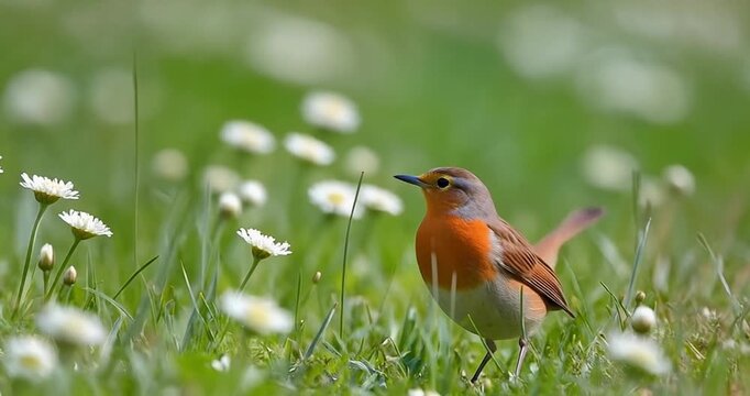 European robin perching in vibrant green grass with daisies
