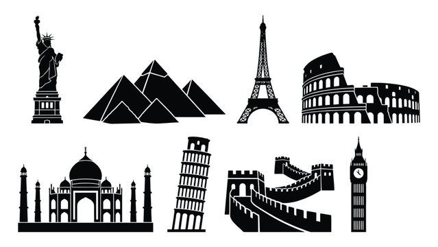 Monuments illustrated in black silhouettes depict world heritage sites arranged as a decorative graphic element suitable for travel and tourism marketing projects.