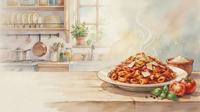 The national dish of Italian cuisine. 
Pasta all'amatrice - penne pasta with tomato sauce, fried guanciale and pecorino romano cheese. A photo with a place for the text. 