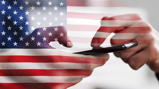 Hands using smartphone with transparent American flag overlay