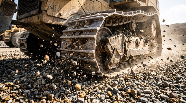 Heavy construction bulldozer tracks crushing gravel and rocks at quarry