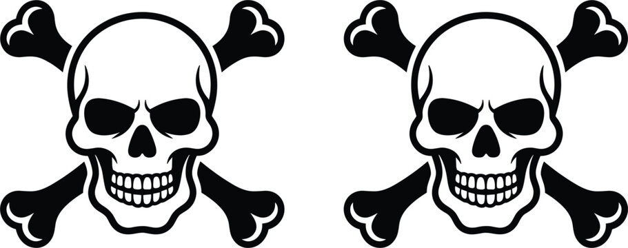 Skull and crossbones vector set, pirate danger warning skeleton head black icons