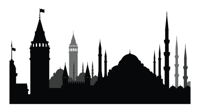 Istanbul skyline features iconic historical towers and mosque silhouettes against a clean white background.