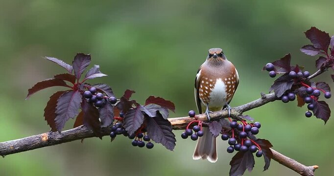 Bird perched on branch with berries, looking around