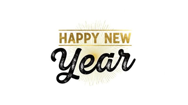 Happy New Year gold foil text animation on a clean white background for holiday celebration.