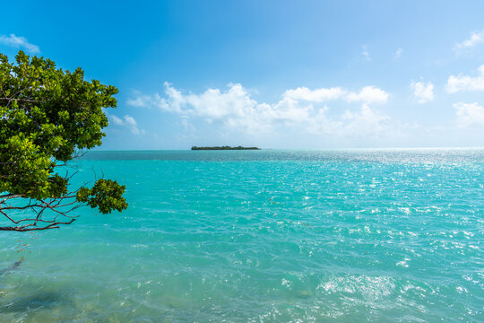 Turquoise water and tropical island under a blue sky in Florida Keys