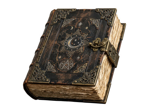 Ancient leather spell book isolated on transparent background. Magic grimoire concept for fantasy design projects.