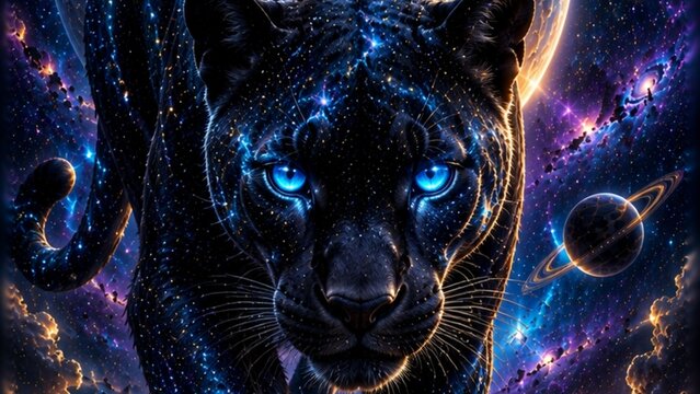 Black Panther On A Fantasy Planet In Space, Futuristic Animal World