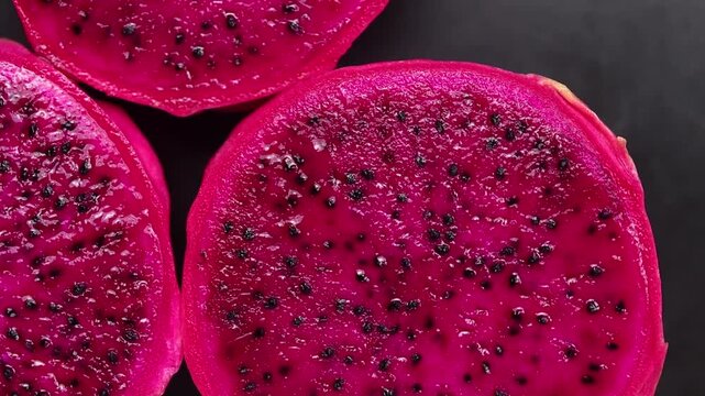 Top view of halved red dragon fruit revealing its vibrant flesh rotating on a black background.
