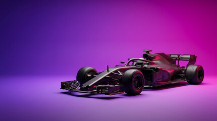Obraz premium Futuristic dark formula one race car on vibrant purple and pink gradient background