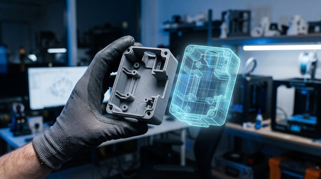 Engineer holding 3D printed part alongside holographic digital twin projection