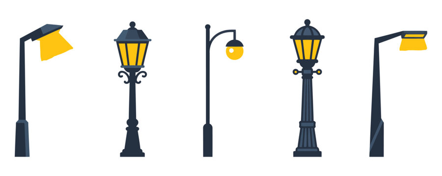 A collection of five different street lamp designs featuring vintage and modern styles isolated on a white background for urban infrastructure and city lighting concepts