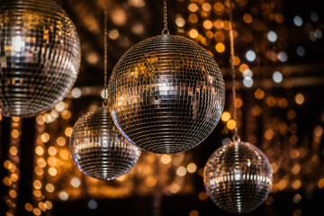 Obraz premium Multiple disco balls hang in a dimly lit, sparkling party or club setting.