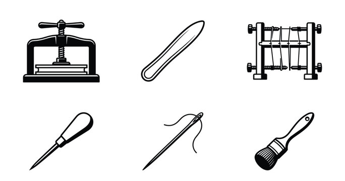 Tools for traditional bookbinding and leather craft work isolated on transparent base.