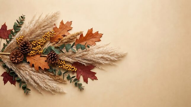 Pampas grass and autumn leaf horizontal arrangement.