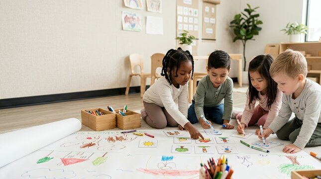 Diverse group of young children sitting on the floor drawing together in a bright classroom.