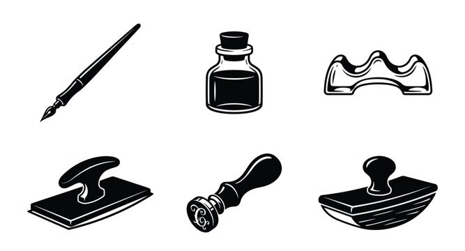 Vintage stationery set fountain pen ink bottle inkwell and stamps for retro design.