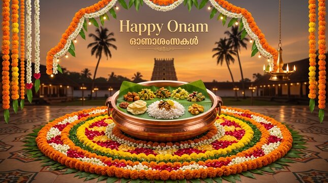 Onam festival celebration, traditional Indian floral design, Happy Onam greeting, colorful cultural decoration