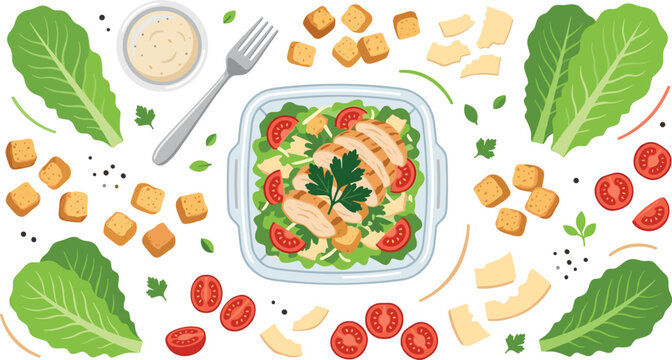 Fresh Caesar salad vector illustration with grilled chicken breast slices romaine lettuce leaves croutons cherry tomatoes parmesan cheese and dressing