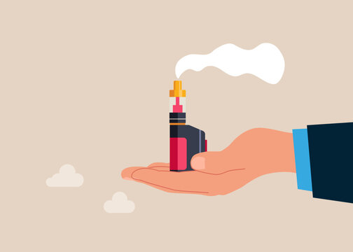Suggests to try smoking. Hand holding smoking vape. Electronic Cigarette Vaping Vape Elements for Vapor Bar and Vape Shop. Vector Illustration.