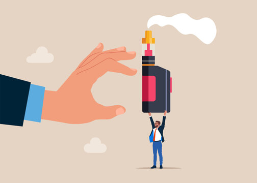 Businessman suggests to try smoking. Hand holding smoking vape. Electronic Cigarette Vaping Vape Elements for Vapor Bar and Vape Shop. Vector Illustration.
