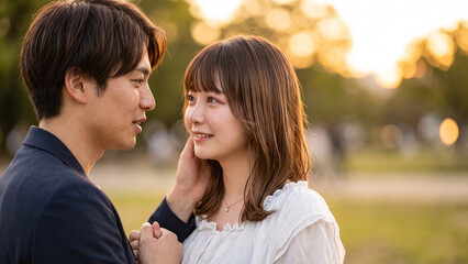 Fototapeta premium Romantic young couple looking into each other eyes with tenderness in a park at sunset
