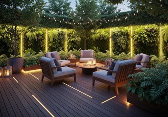 Fototapeta premium Contemporary wooden deck with integrated floor lighting.