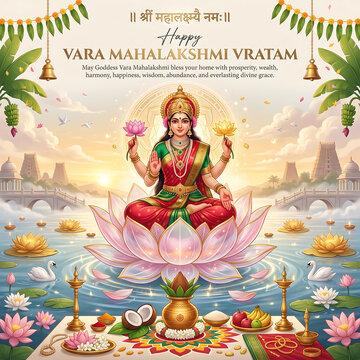 Divine goddess seated on lotus blossom surrounded by sacred offerings and natural elements in festive celebration with depicts ornate illustration