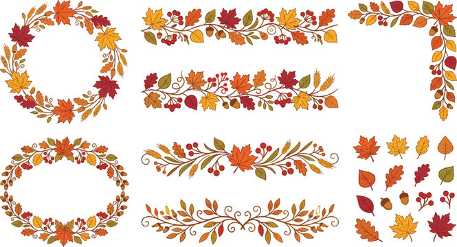 Autumn floral borders, wreaths and leaf frames collection featuring colorful fall foliage decorative vector design