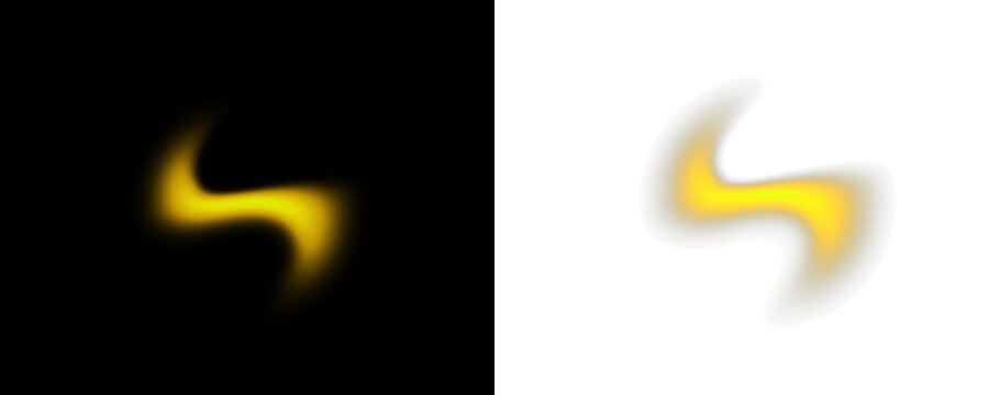 Two glowing yellow orange blurred S shapes on contrasting black and white backgrounds