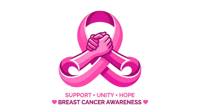 Breast cancer awareness graphic with clasped hands and pink ribbon symbol for unity.