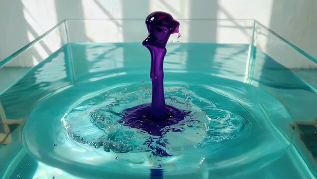 Cinematic 4K slow motion liquid commercial showing a heavy ice cube dropping into pristine water triggering an explosive backlit purple splash and a dramatic fluid crown fountain effect with high