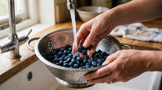 Hands rinsing fresh blueberries in kitchen sink colander under running water