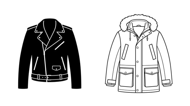 Leather jacket and parka silhouettes against a white background