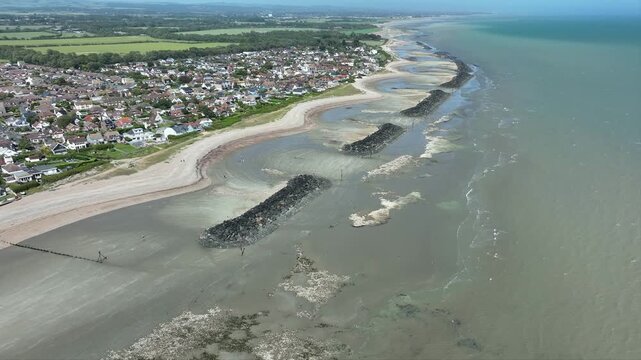 Drone Flight Along the Bognor Regis Coastline at Low Tide, West Sussex, UK