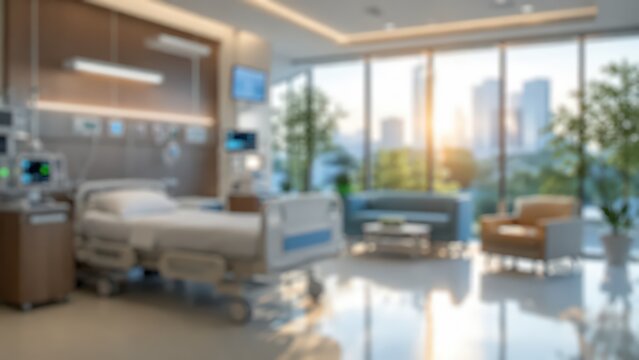 Modern hospital room blurred background medical clinic healthcare facility interior luxury patient suite nursing care treatment