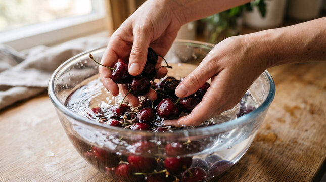 Hands washing fresh red cherries in clear water in glass bowl
