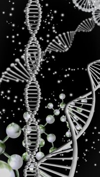 Modern representation of DNA strands in a digital design with elements showing molecular structures and particles