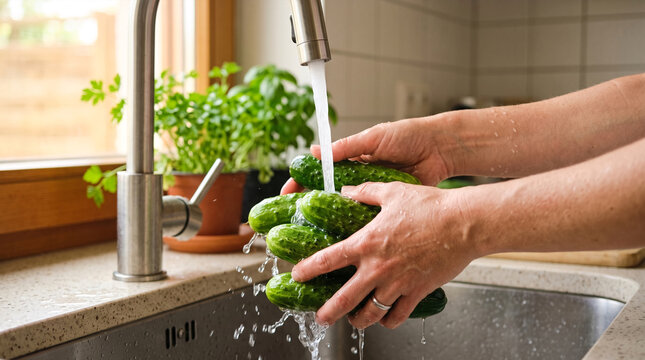 Hands washing fresh cucumbers under running water in kitchen sink