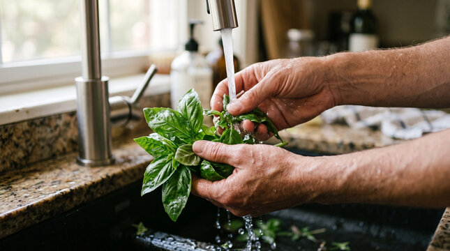 Hands washing fresh basil leaves under running water in kitchen sink