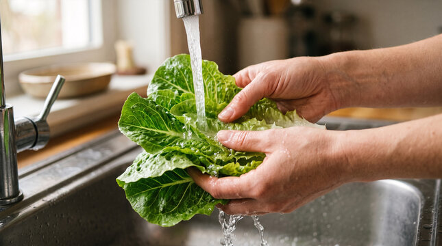 Hands washing fresh green lettuce leaves under running water in kitchen sink