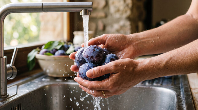 Hands washing ripe plums under running water in kitchen sink
