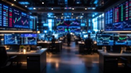 Obraz premium blurred stock market trading floor financial data screens monitors investment banking office professional business environment technology analysis