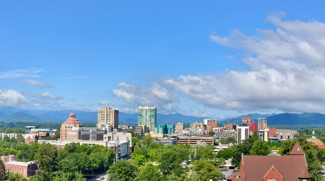 Panoramic view of downtown Asheville in the mountains of North Carolina, USA
