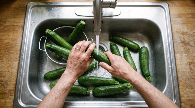 Hands washing fresh zucchini in a stainless steel kitchen sink