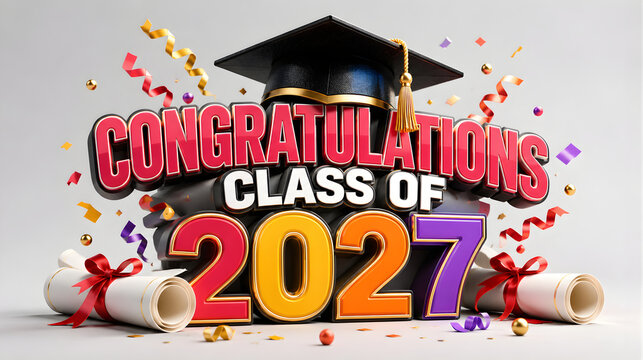 Congratulations class of 2027 3d text with graduation cap and scrolls for festive celebration
